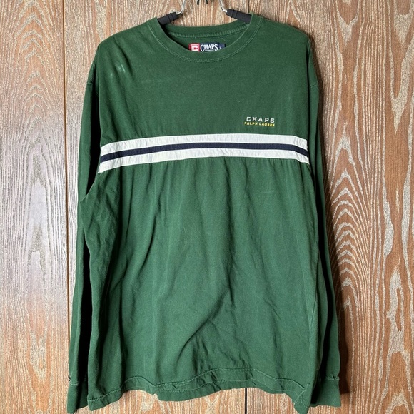 Chaps Ralph Lauren Heavy T-shirt Men's L Green Striped Long Sleeve Pullover Logo - Picture 1 of 11